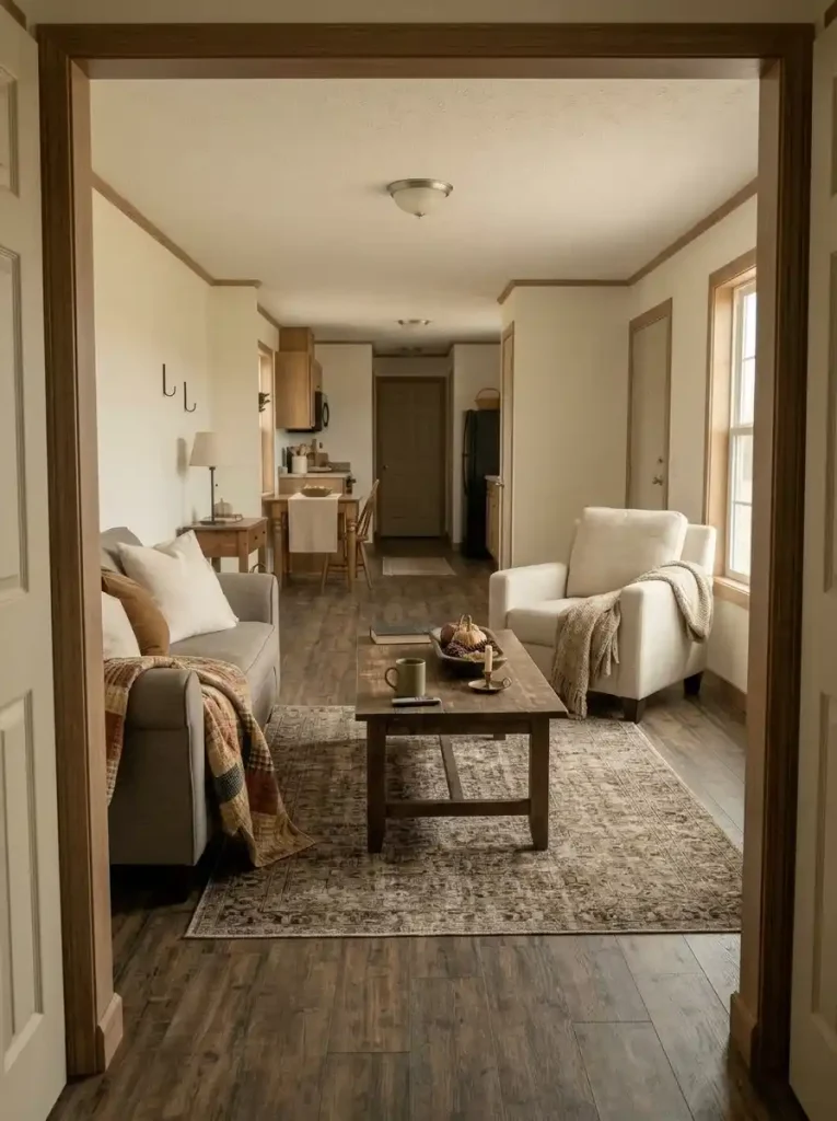 Thin blackened-iron accents adding contrast to warm wood, pottery and textiles in a primitive mobile home living room.