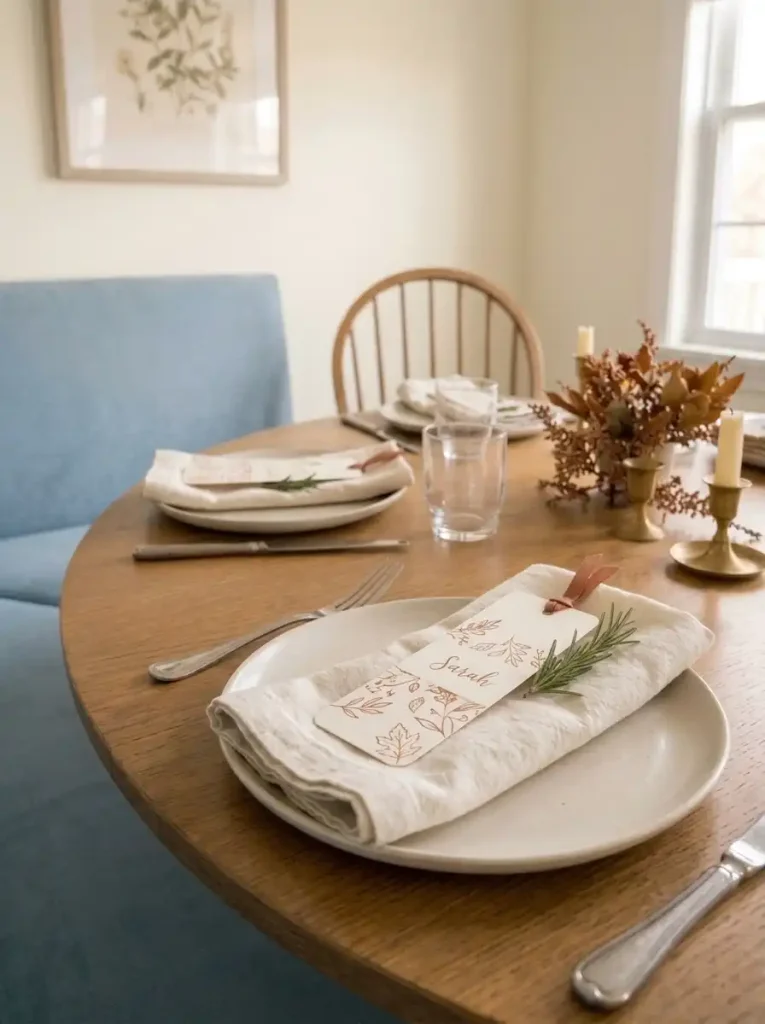 Slim Thanksgiving bookmark place cards resting on folded napkins around a small oak cottage dining table.