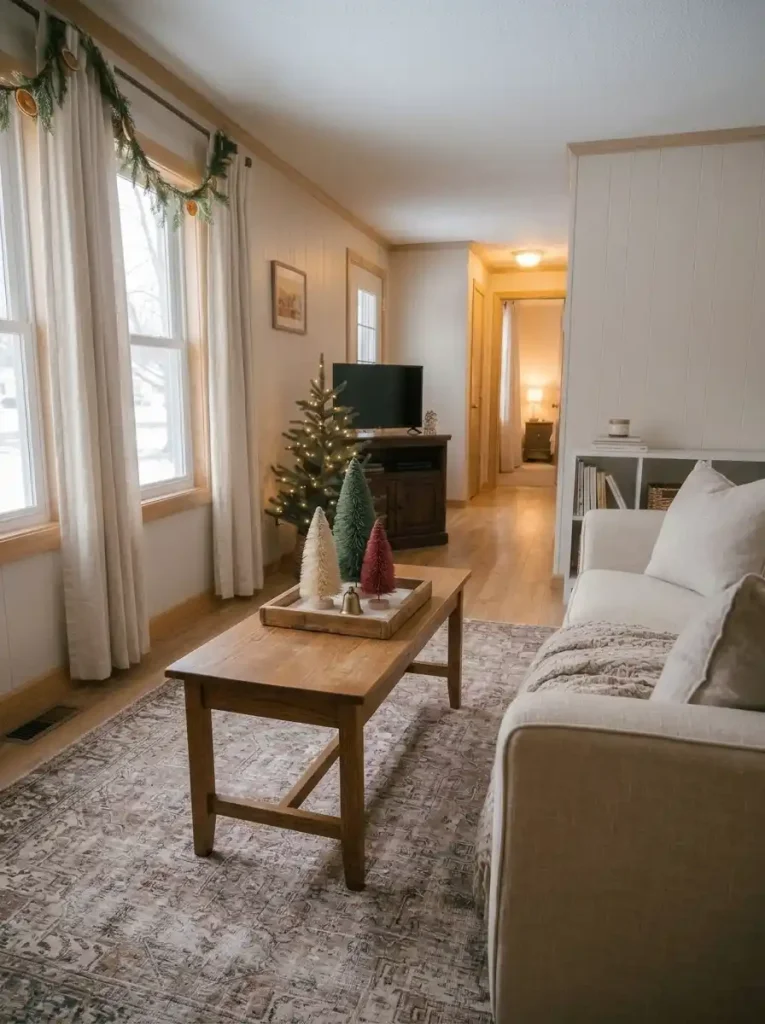 Three vintage bottle-brush Christmas trees arranged on a wooden tray in a small farmhouse-style mobile home living room.
