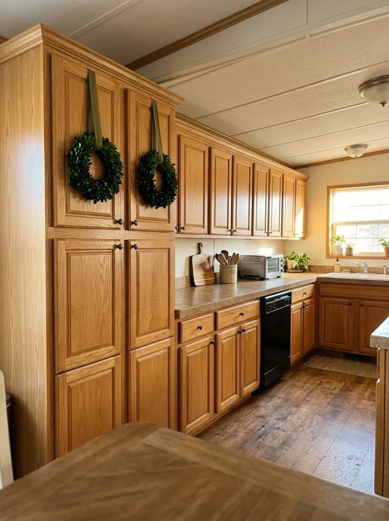 Natural oak kitchen cabinets in a manufactured home accented with small dark-green boxwood Christmas wreaths.
