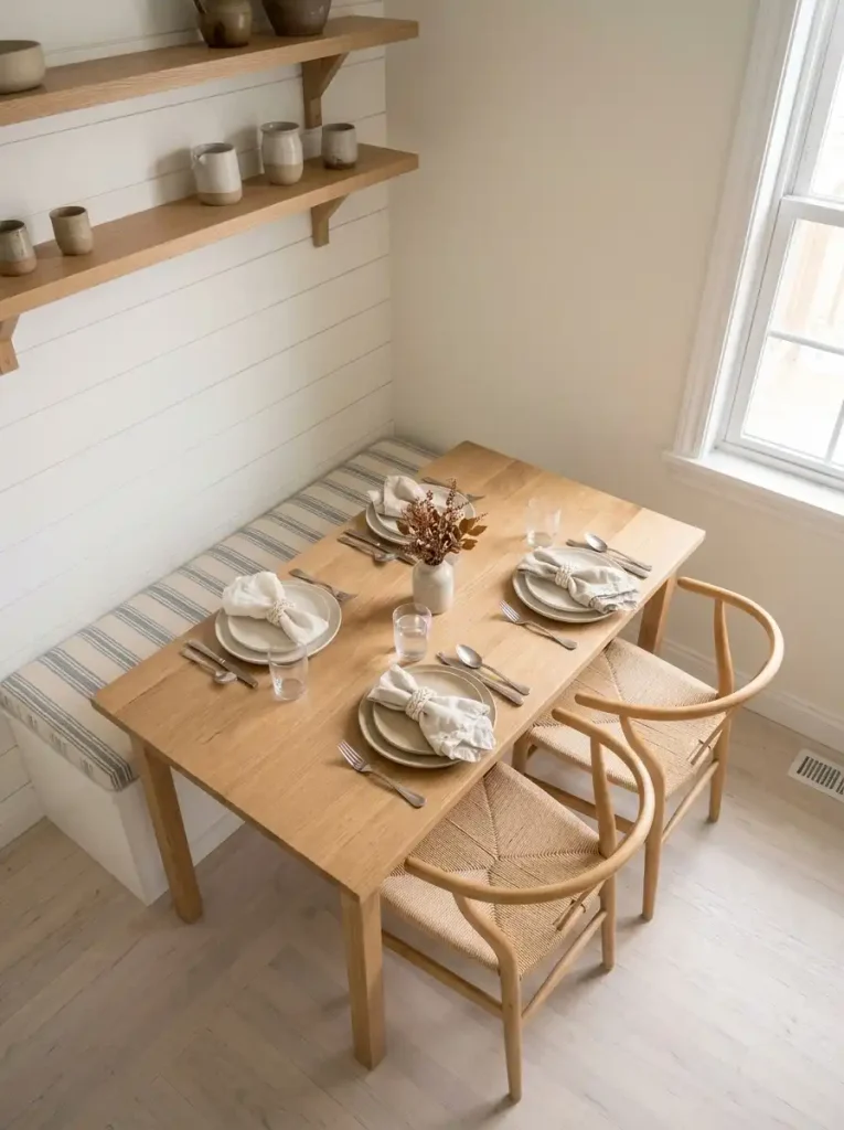 Natural braided cotton-cord napkin rings on linen napkins in a small Scandinavian dining nook with striped seating.