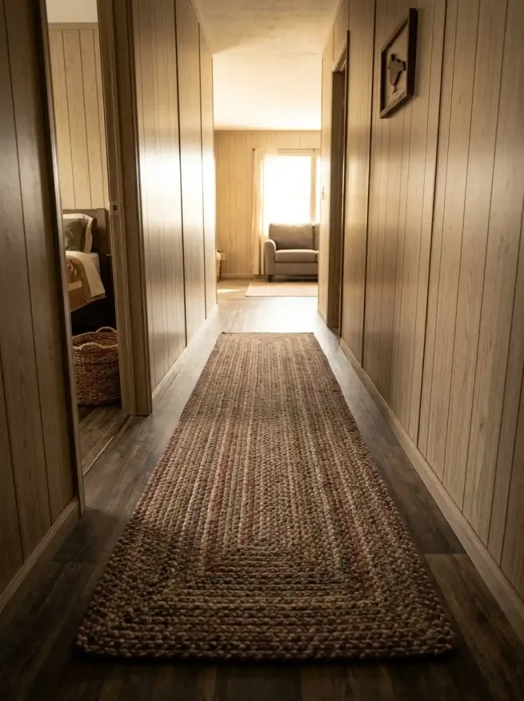 Muted braided runner grounding a narrow mobile home hallway while keeping the circulation route visually clear.