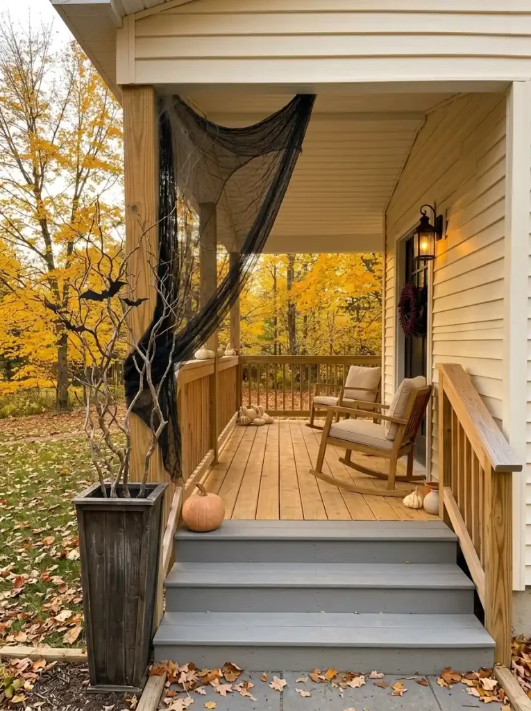Tall bare branches with a few black bats rise from one outer corner of a compact mobile home porch above a small pumpkin base.
