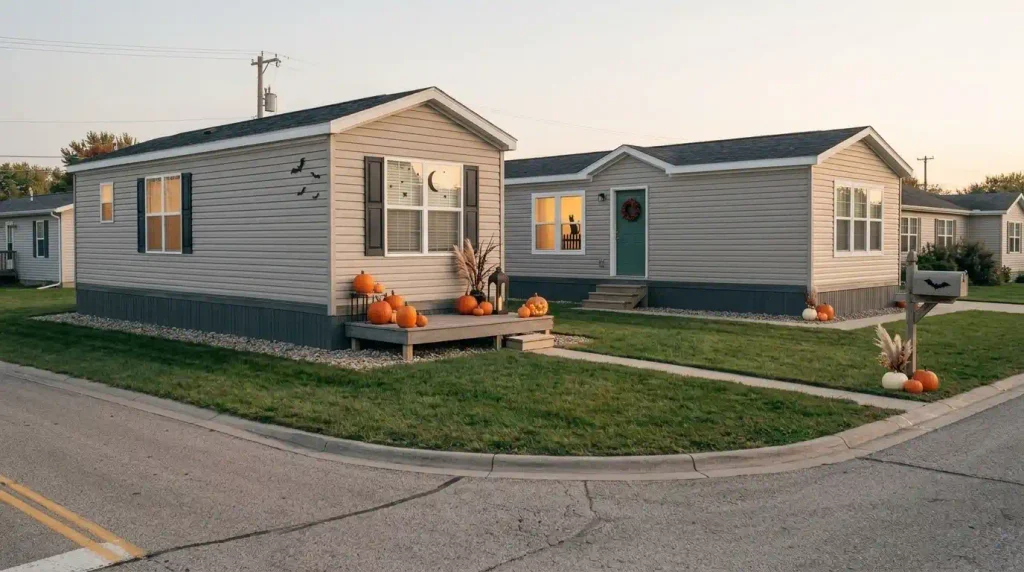 Budget Halloween manufactured home decor with pumpkins, bats, lanterns and warm accents arranged around a compact porch while keeping the front path clear.