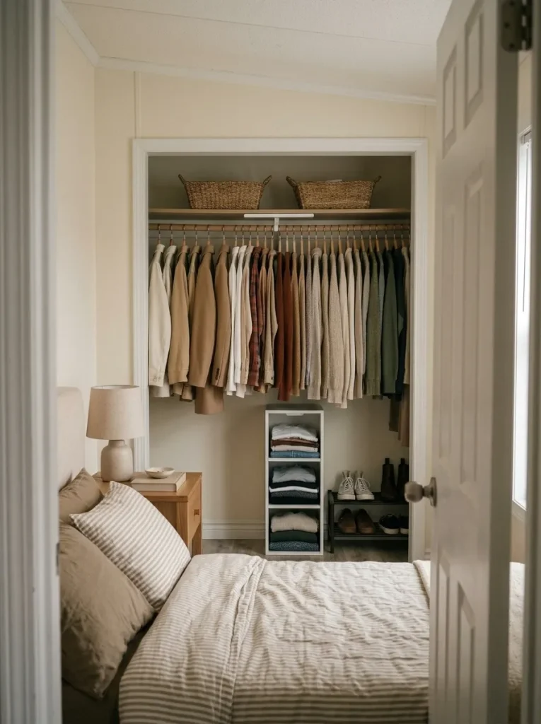 Budget-friendly mobile home closet with simple hanging storage, white cubbies, woven baskets, and a small shoe rack.