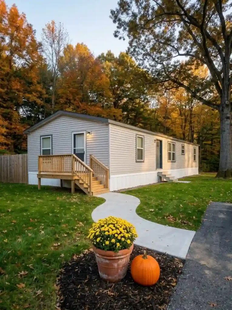 Yellow mum in a reused terracotta pot with one pumpkin in a small mobile home front-bed pocket.