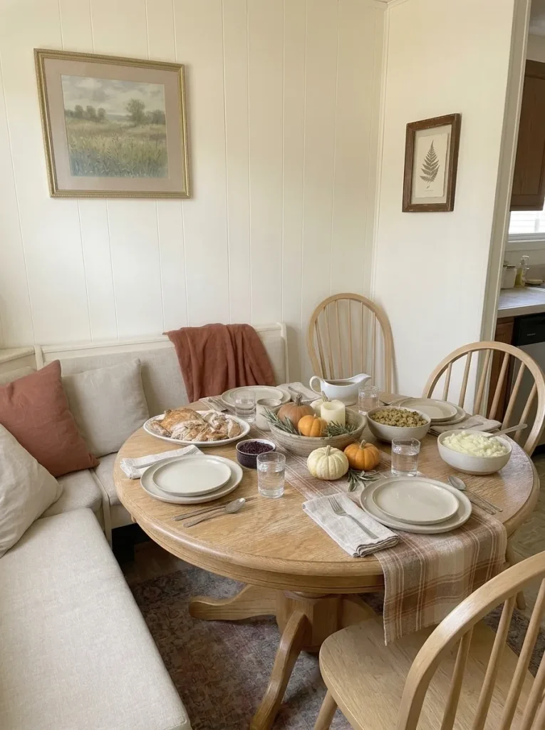 Small Thanksgiving botanical artwork beside existing framed landscape art above a cream dining banquette.