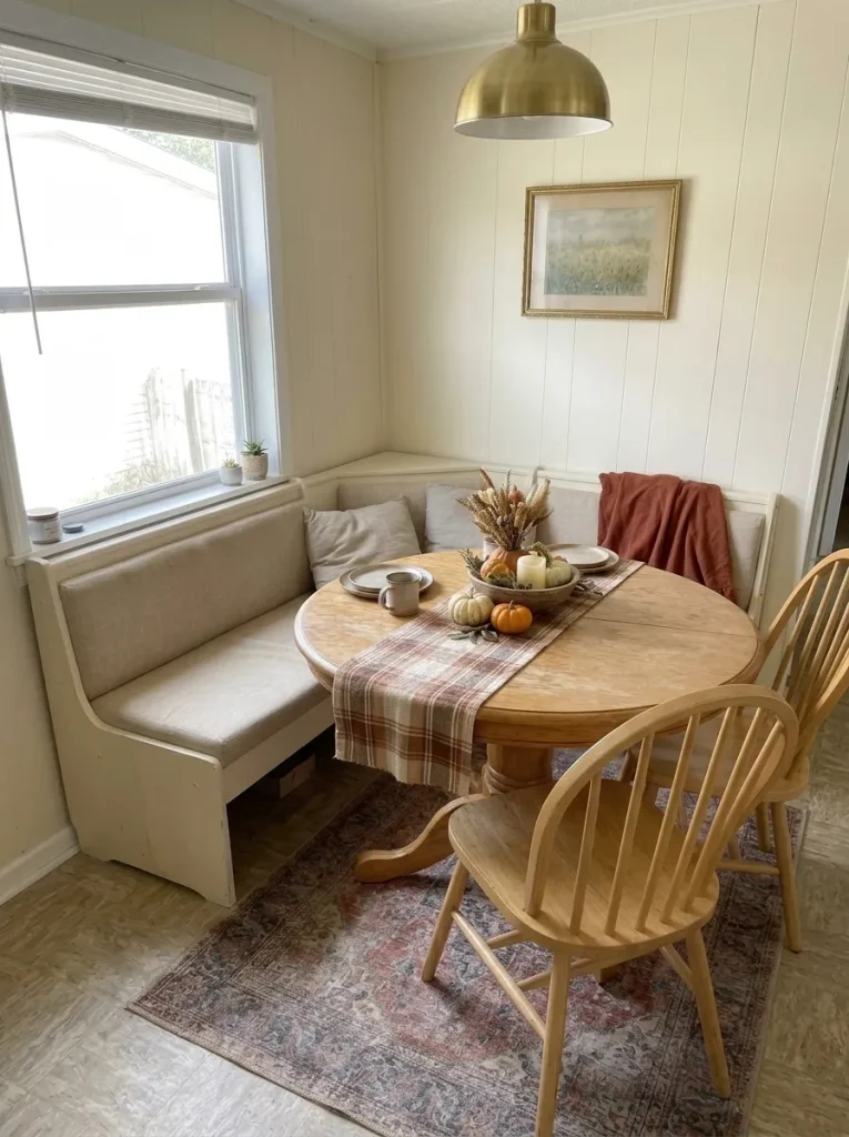 Inexpensive checked Thanksgiving table runner on a round oak dining table with cream corner seating.