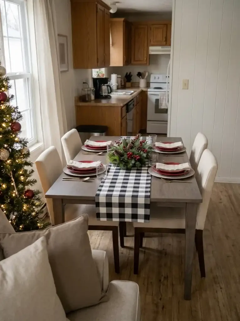Small farmhouse dining nook with a buffalo-check Christmas runner, red dinner plates, white chargers, and a nearby Christmas tree.