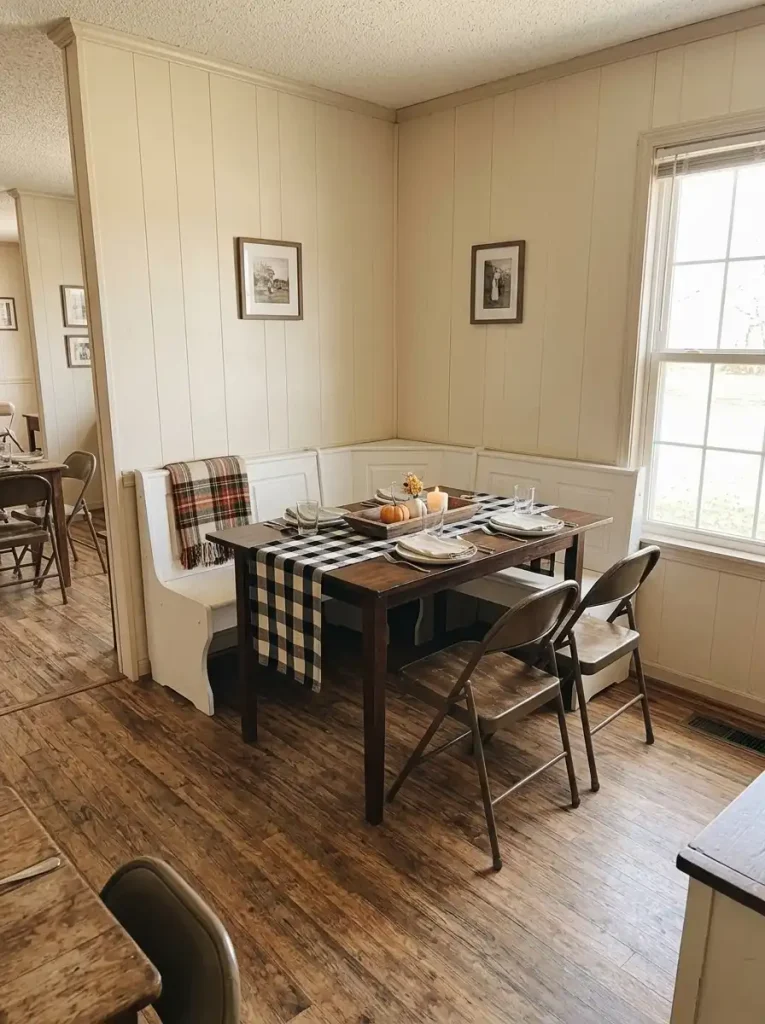 Buffalo-check Thanksgiving runner and removable centerpiece on a small table beside a built-in mobile home dining bench.