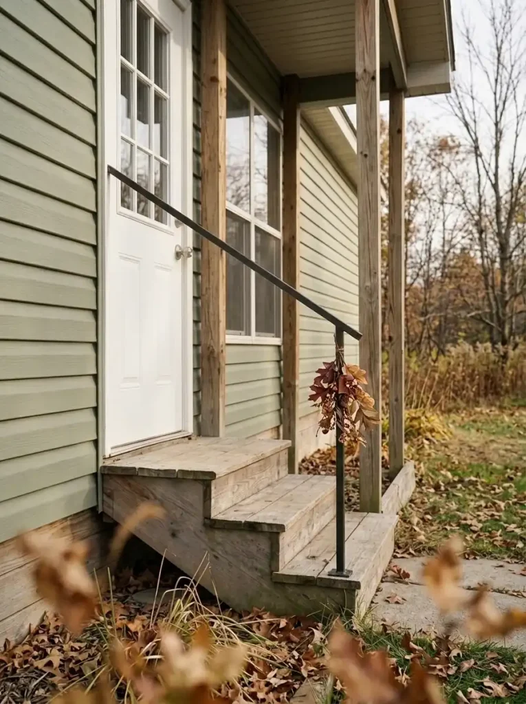 Burgundy and copper leaf swag attached to the outside of a mobile-home stair railing, leaving the handhold and steps free.