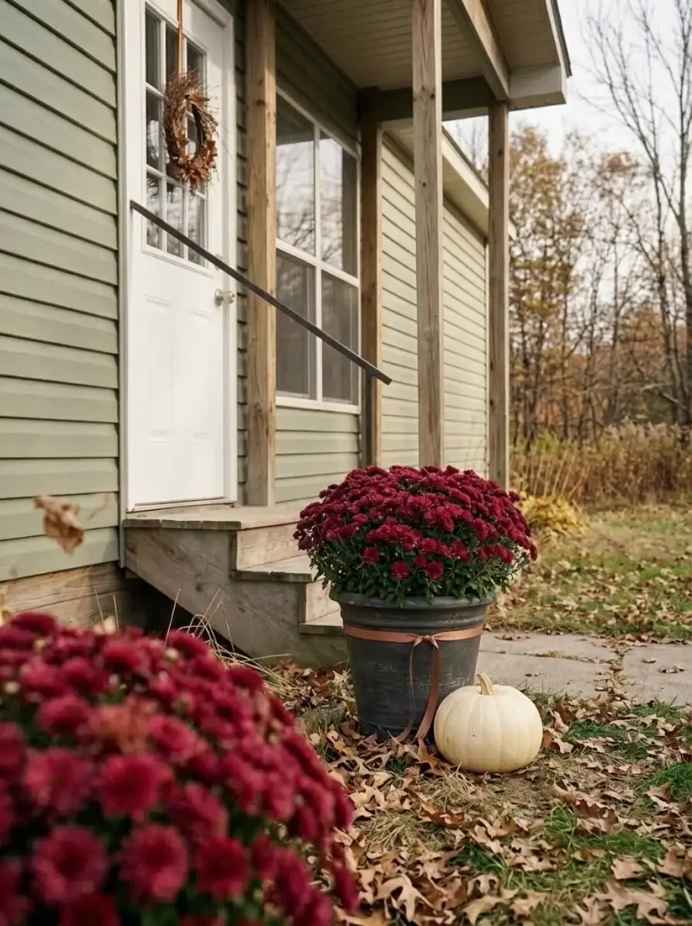 Burgundy chrysanthemum planter with copper ribbon beside the narrow steps of a sage-sided manufactured-home porch.