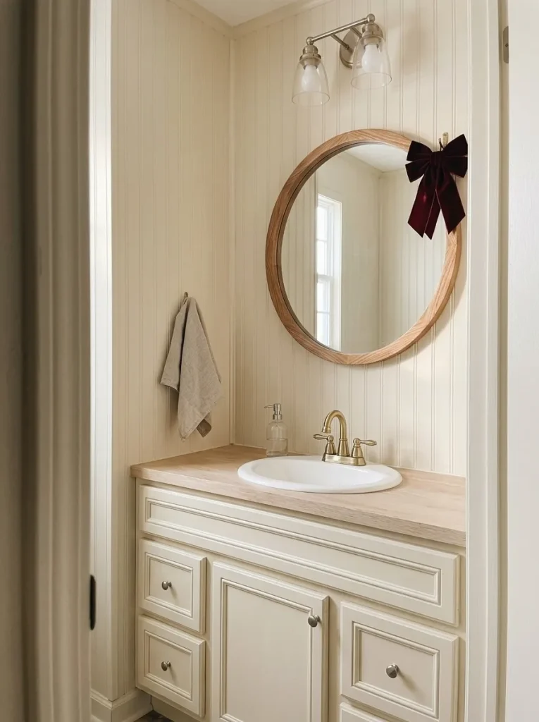 Burgundy velvet Christmas bow beside a round wood mirror over a compact bathroom vanity.