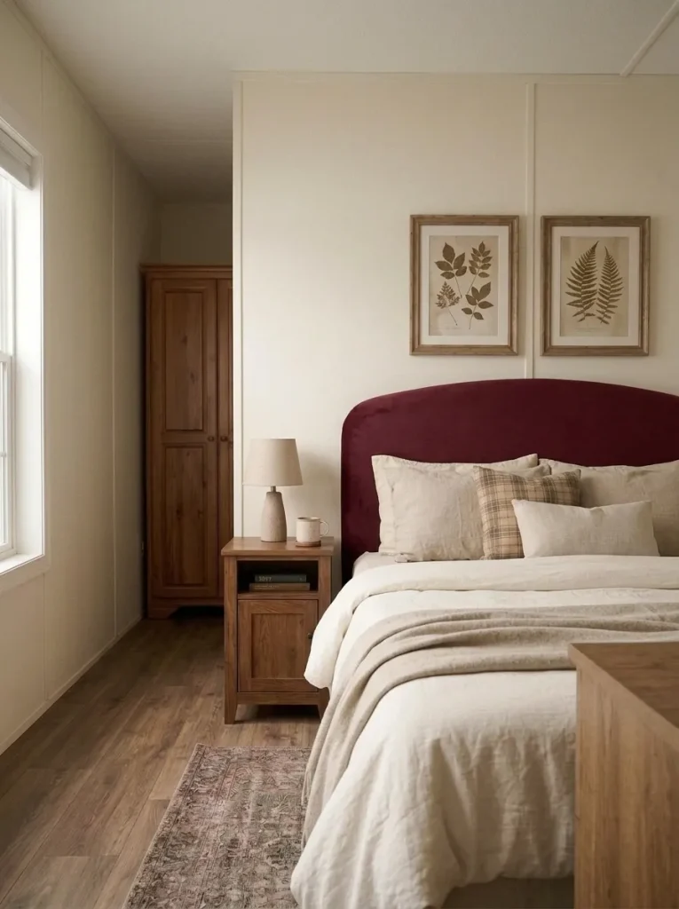 Upholstered mobile-home bed with a fitted burgundy velvet Christmas headboard cover, ivory bedding, and a warm wooden nightstand.