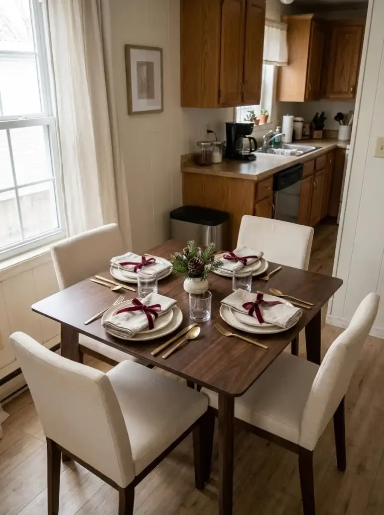 Four ivory Christmas place settings with burgundy velvet ribbon napkins on a compact walnut dining table.