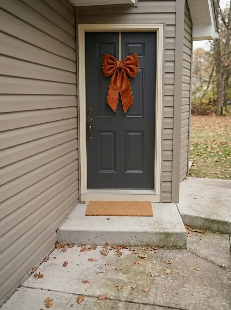 Large burnt-orange velvet bow decorating a charcoal manufactured home front door without a wreath or other accessories.