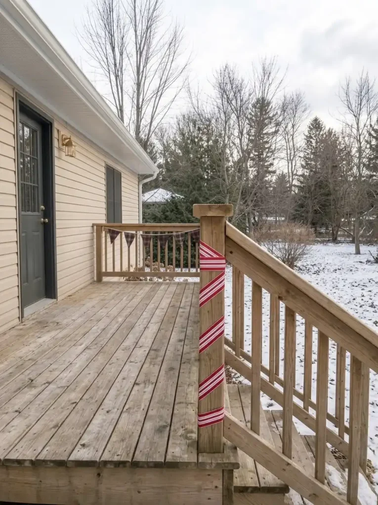 Red and white candy-cane ribbon wrapping on an exterior cedar post of a mobile-home deck.