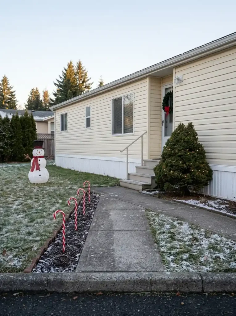 Three candy-cane stakes lined up inside a flowerbed beside an unobstructed walkway leading to a small manufactured-home entrance.