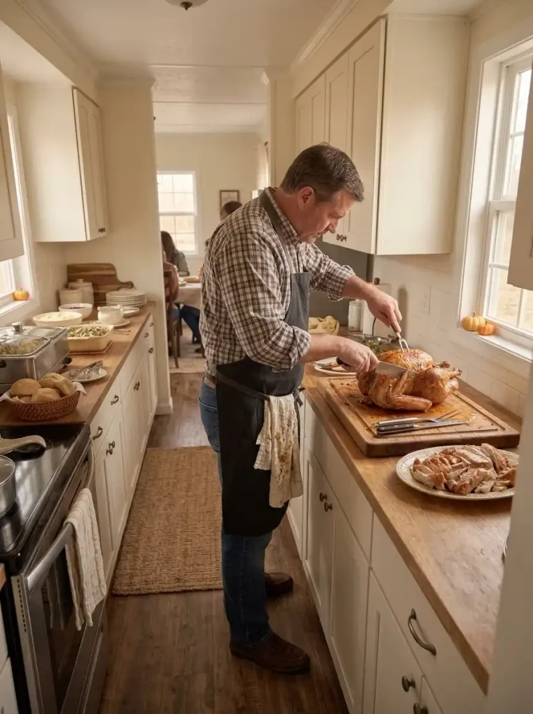 Host carving Thanksgiving turkey at a separate preparation counter away from the narrow kitchen buffet line.