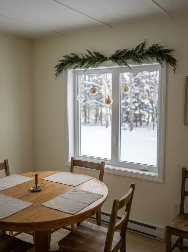 Clear faceted and champagne-gold Christmas ornaments suspended below evergreen greenery at a mobile home window.