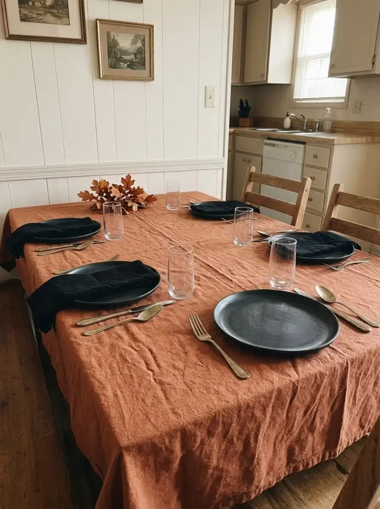 Moody Thanksgiving table in a small mobile home with charcoal dinner plates, rust tablecloth and subtle gold flatware.