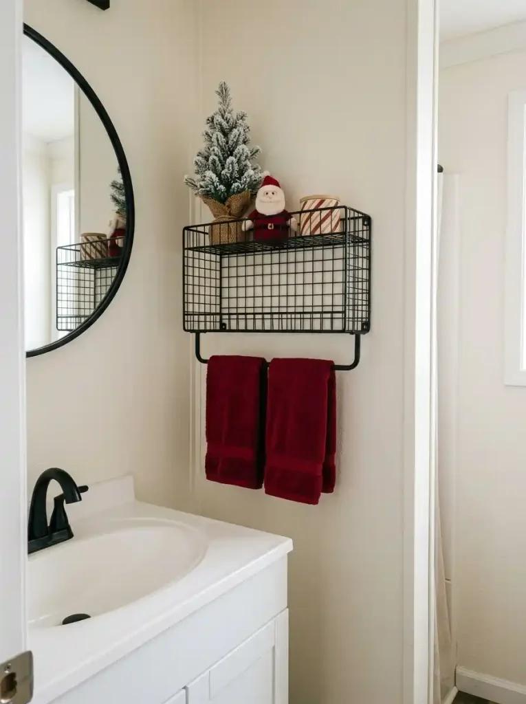 Black bathroom wall shelf holds miniature Christmas décor above red towels beside a clear white sink.