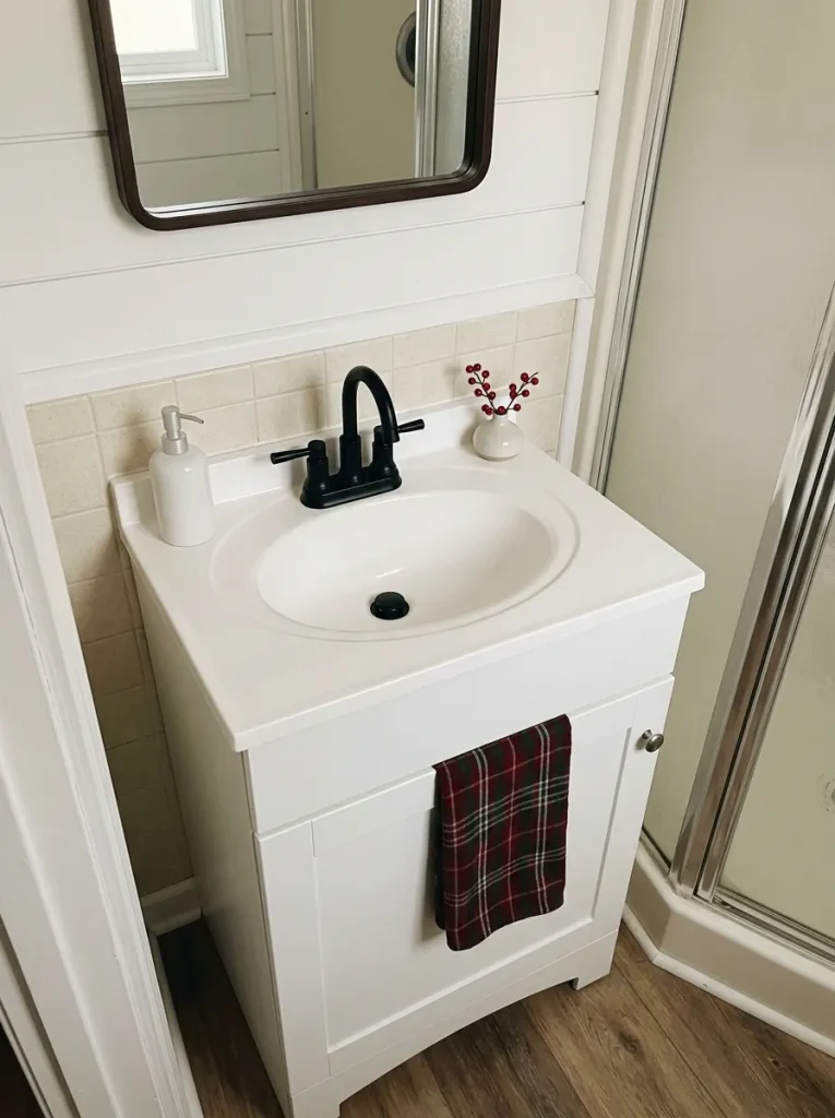Elevated view of a centered bathroom sink with soap on one side and a small Christmas berry accent on the other.