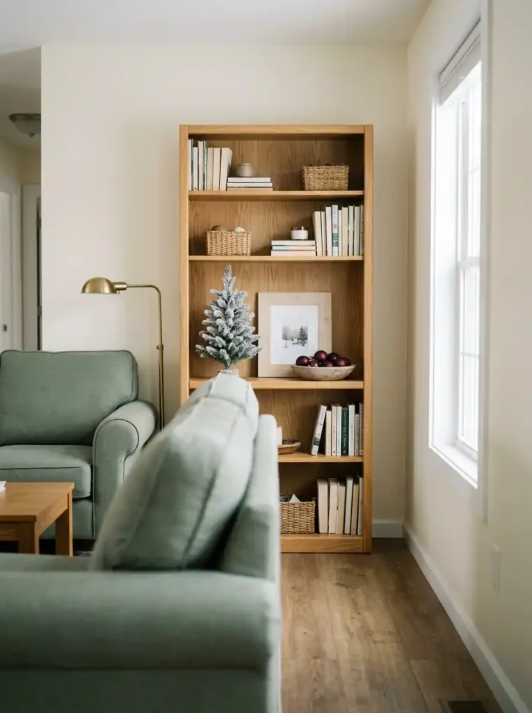 Central Christmas display on an oak mobile home bookcase viewed from the sage loveseat, with books kept accessible.