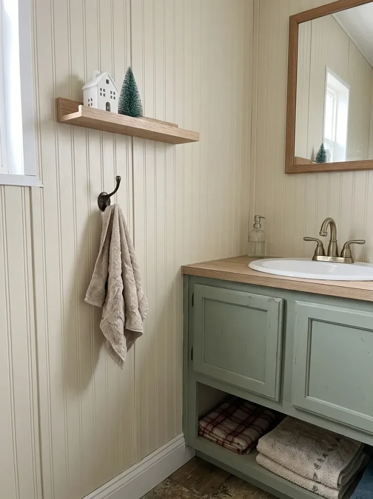 Ceramic Christmas house and mini fir on an existing shelf beside a small bathroom vanity.