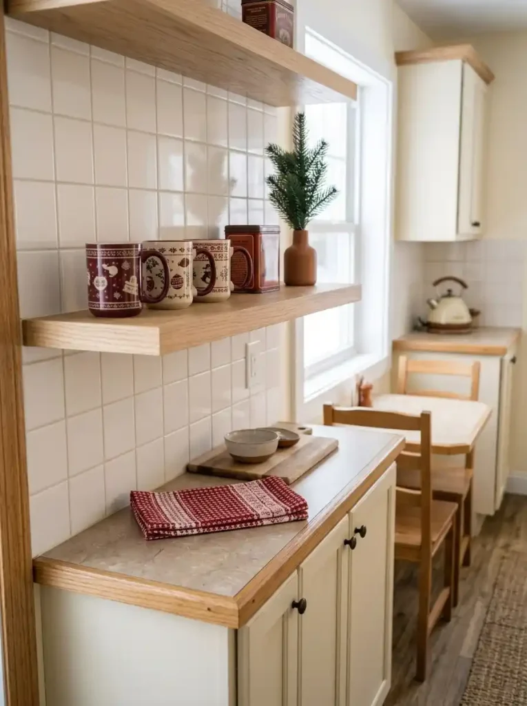 Holiday mugs with accessible handles and a cocoa tin on an open shelf in a compact mobile home kitchen.