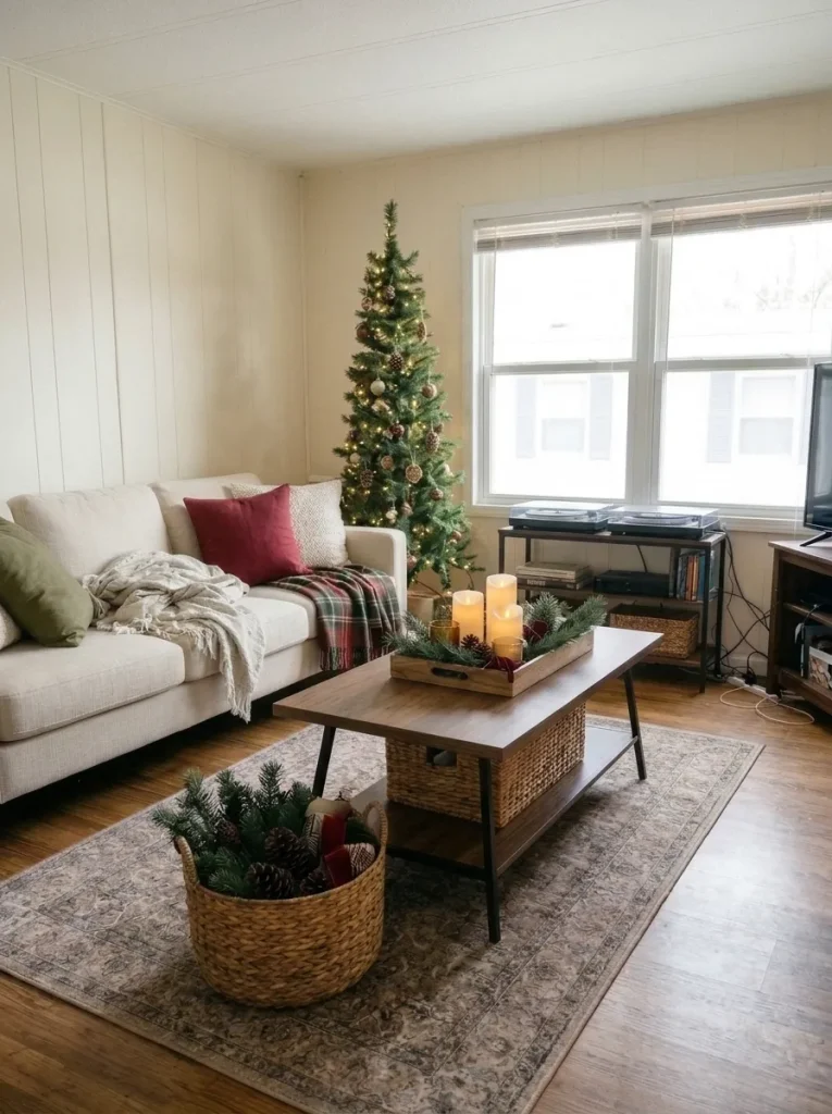 Walnut coffee table with evergreen Christmas tray, flameless candles, pinecones, and small ornaments