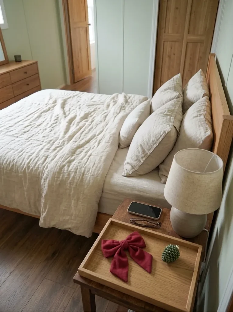 Shallow wooden bedside tray holding a small Christmas tree and cranberry bow beside organized nighttime essentials.