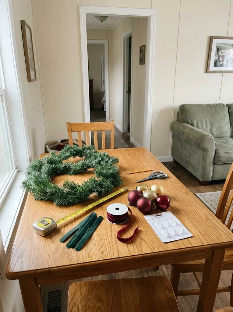 Artificial pine garland, measuring tape, removable hooks, ribbon, and reusable ties arranged on a mobile home dining table.