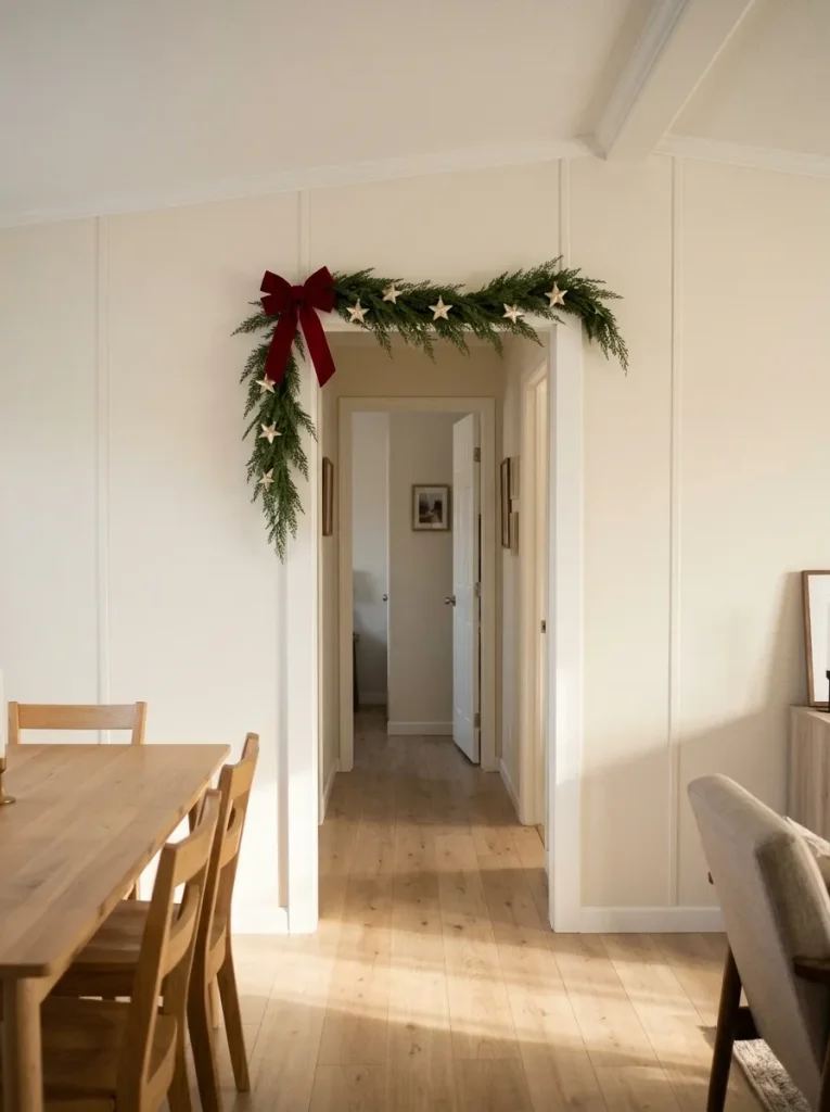 Asymmetrical cedar Christmas garland with a red velvet bow and small gold stars decorating a mobile home dining doorway.