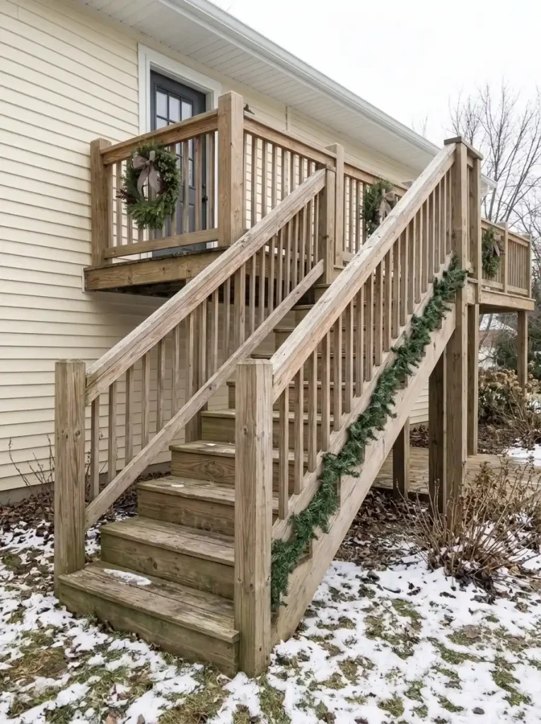 Narrow Christmas spruce garland along the exterior stair-side structure of a mobile-home deck.