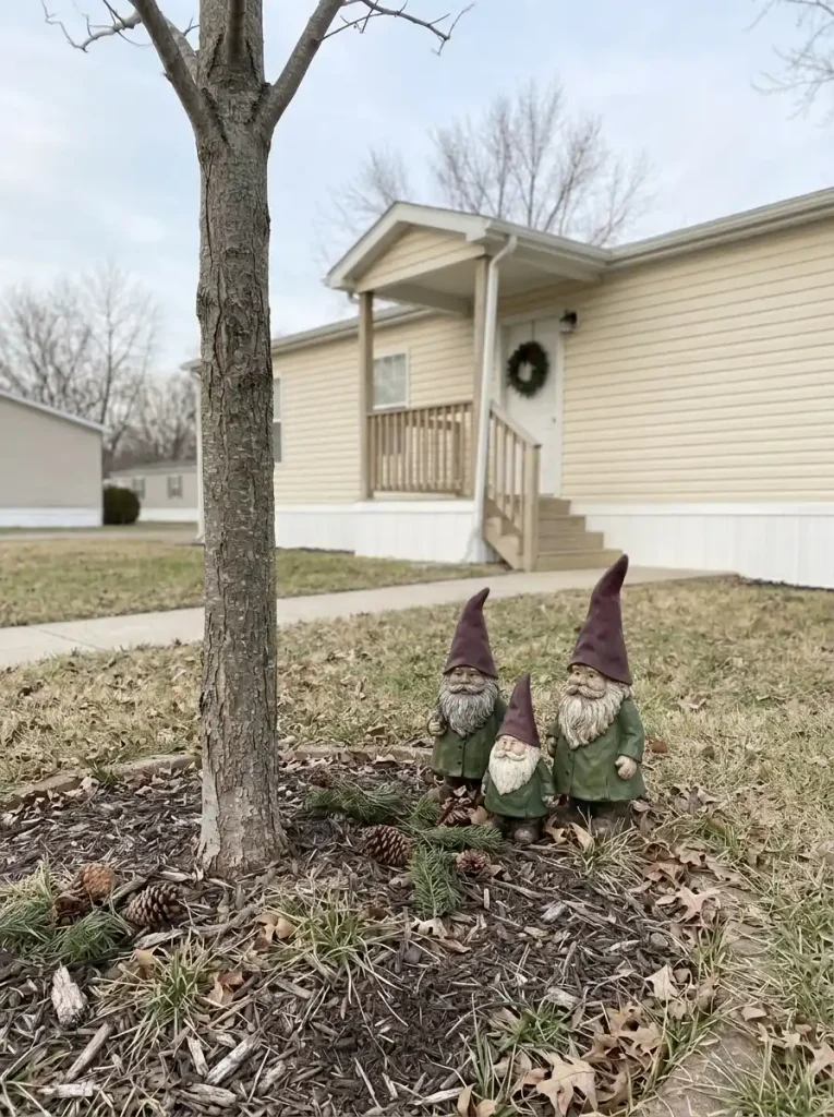 Three small Christmas gnomes arranged near the edge of a tree's mulch bed in front of a manufactured home, leaving the trunk and roots clear.