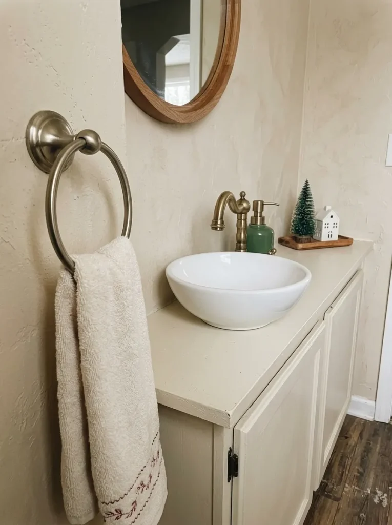 Small Christmas tree and ceramic house contained on a tray beside an offset bathroom sink.
