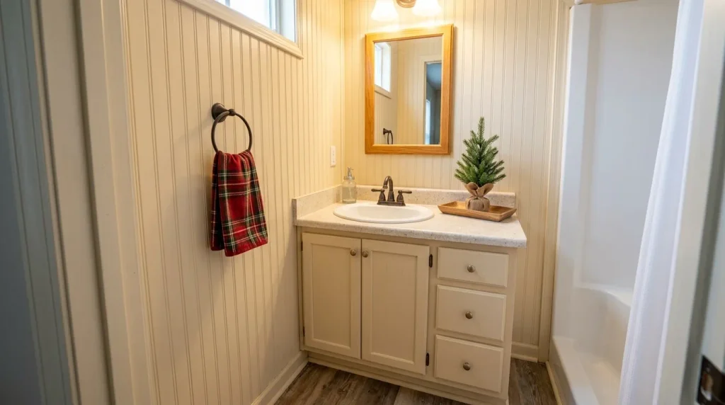 Christmas-decorated small mobile home bathroom vanity with a mini evergreen, plaid towel and a clear usable sink.