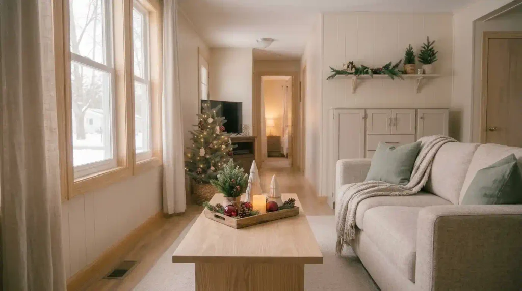 Christmas coffee table decorated with greenery, mini trees, a flameless candle and festive ornaments in a cozy small mobile home living room.
