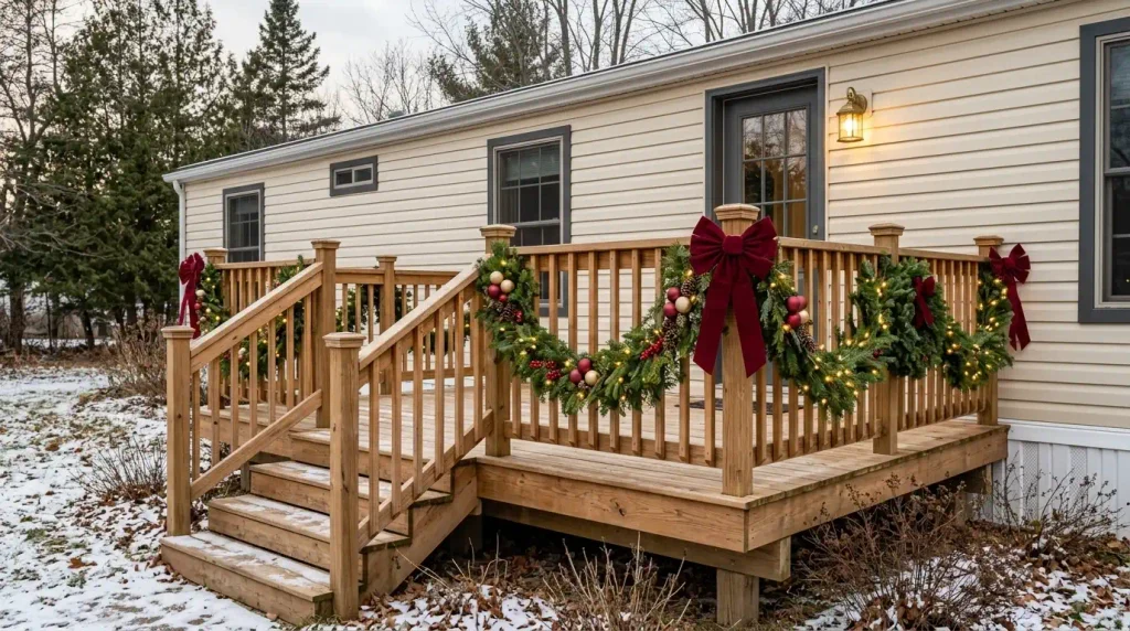Christmas mobile home deck railing decor featuring evergreen garlands, red bows, and warm-white outdoor lights.