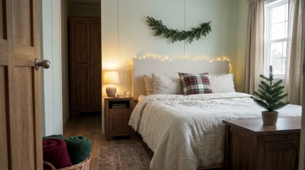 Christmas mobile home headboard decor featuring a cream upholstered bed, evergreen accents, plaid pillows, and a cozy bedside table.