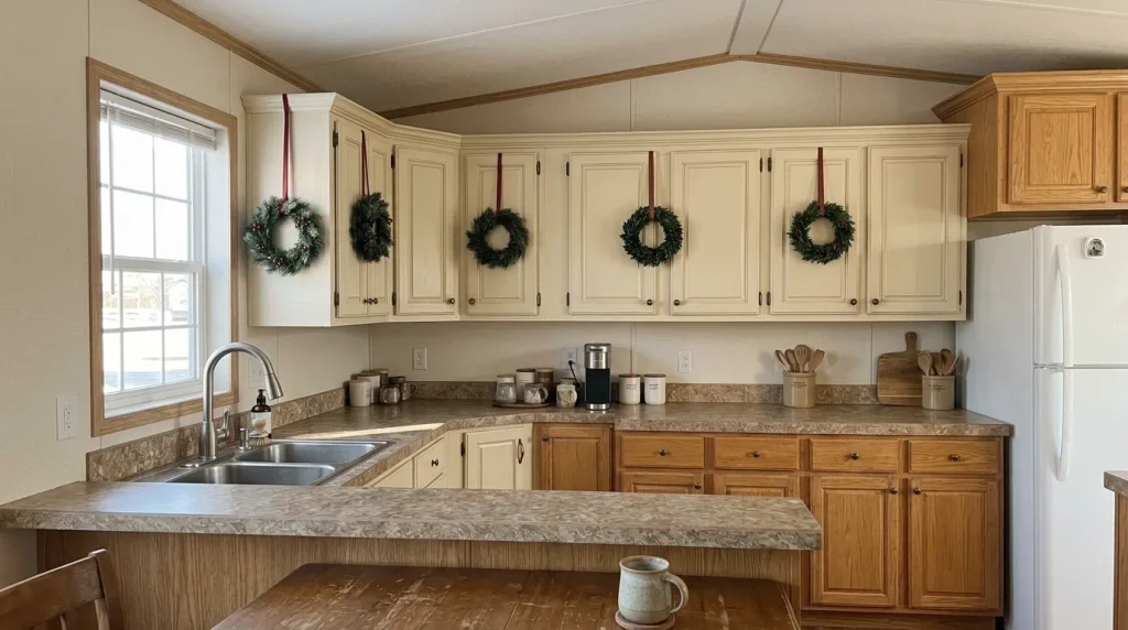 Compact single-wide mobile home kitchen with mini Christmas wreaths on cream upper cabinets and clear countertops.