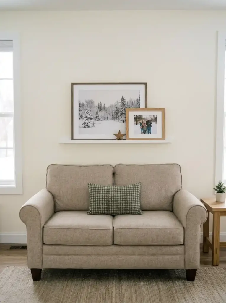 Layered winter prints sit on a narrow picture ledge above a small mobile home loveseat, with one stable accent.