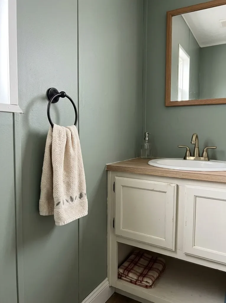 Christmas embroidered hand towel on a ring beside a sage-wall bathroom vanity with a clear sink.