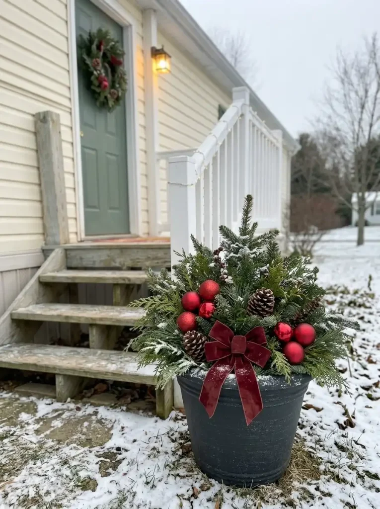Existing charcoal porch planter refreshed with evergreen branches, pinecones, red ornaments and a velvet Christmas bow.