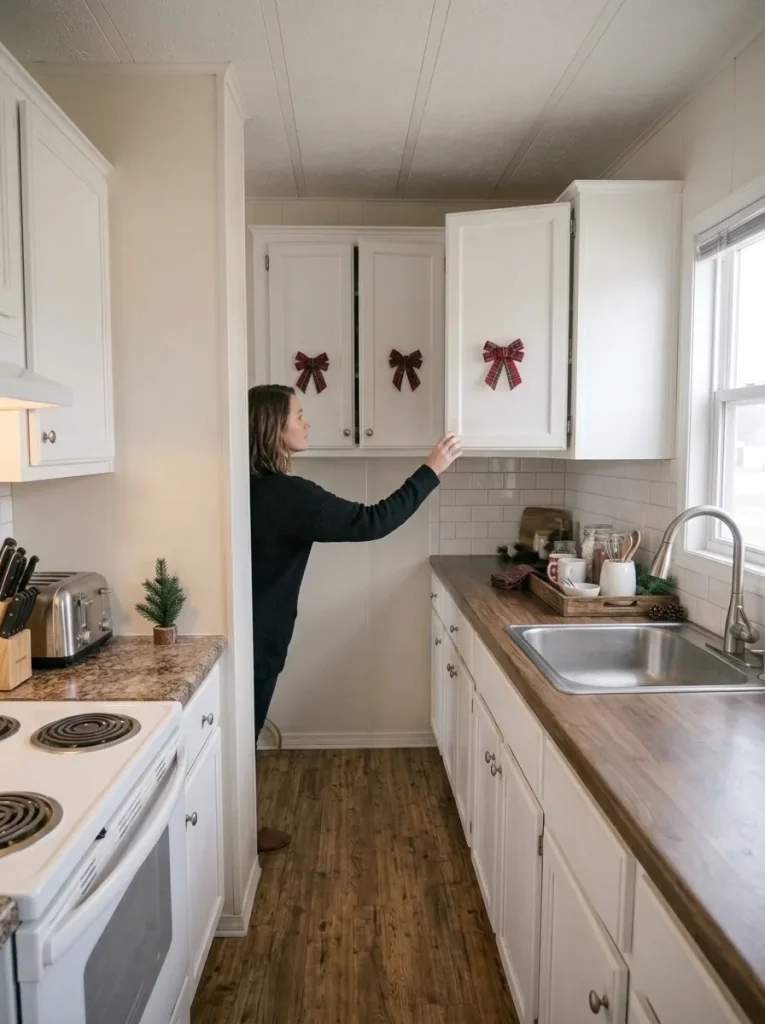 White mobile home kitchen cabinets decorated with cranberry plaid bows and restrained evergreen accents