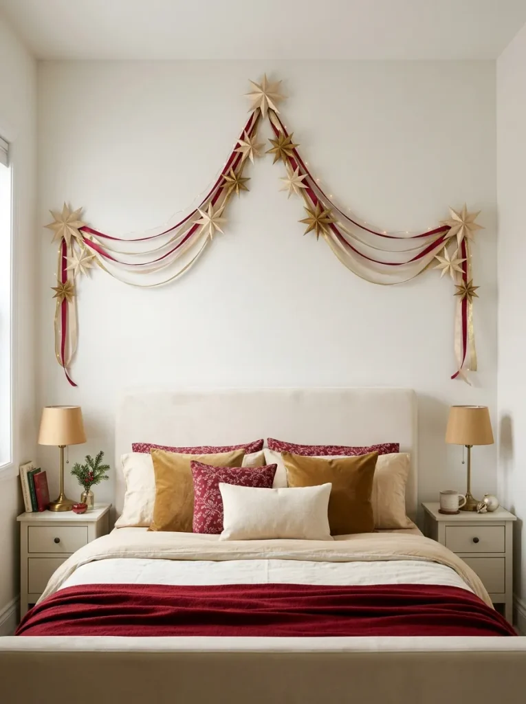 Cascading Christmas ribbons and lightweight star decorations arranged above a cream upholstered headboard in a small mobile-home bedroom.