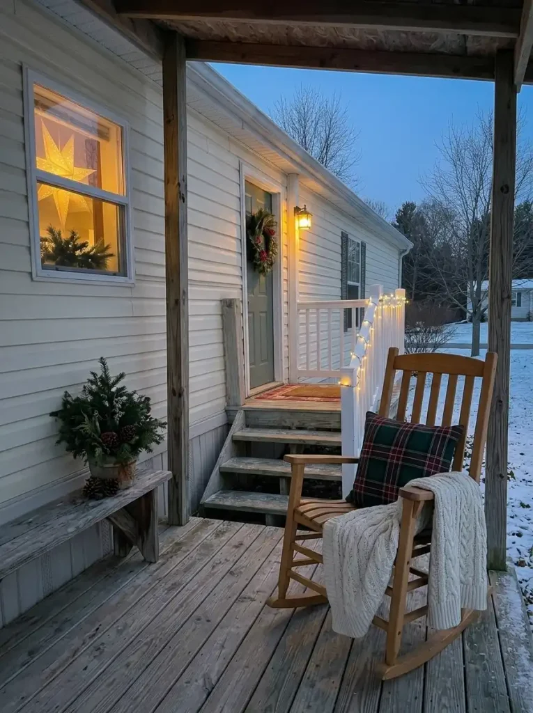 Wooden rocking chair with plaid cushion and cream knit throw on a small covered manufactured-home porch.