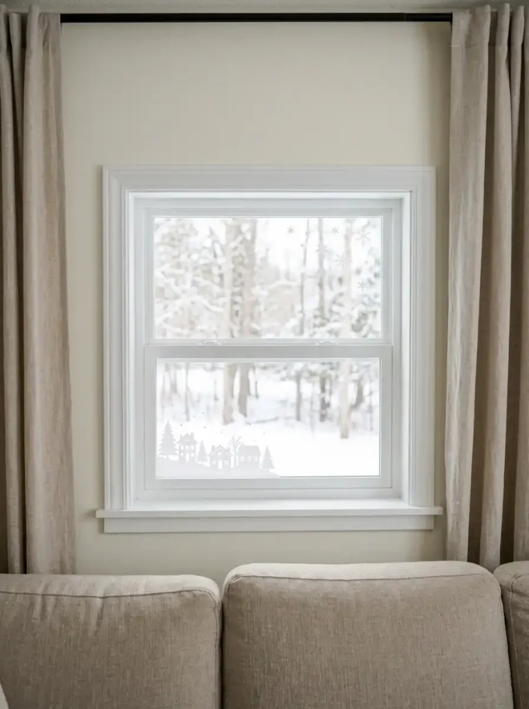 White removable Christmas village and snowflake decals decorating a shallow-sill mobile home window.