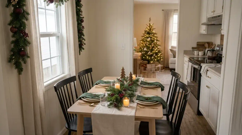 Small mobile home Christmas dining nook with ivory plates, green napkins, evergreen centerpiece, red berries, and warm holiday lights.